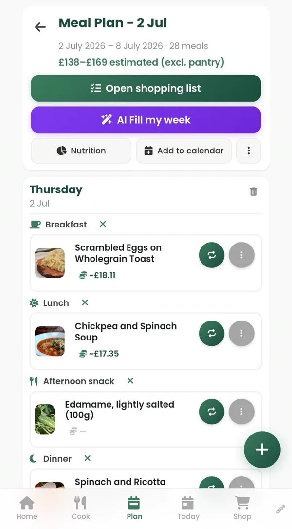 The Mealiv weekly meal plan screen showing a day's breakfast, lunch, snack and dinner with an estimated cost and a shopping list button