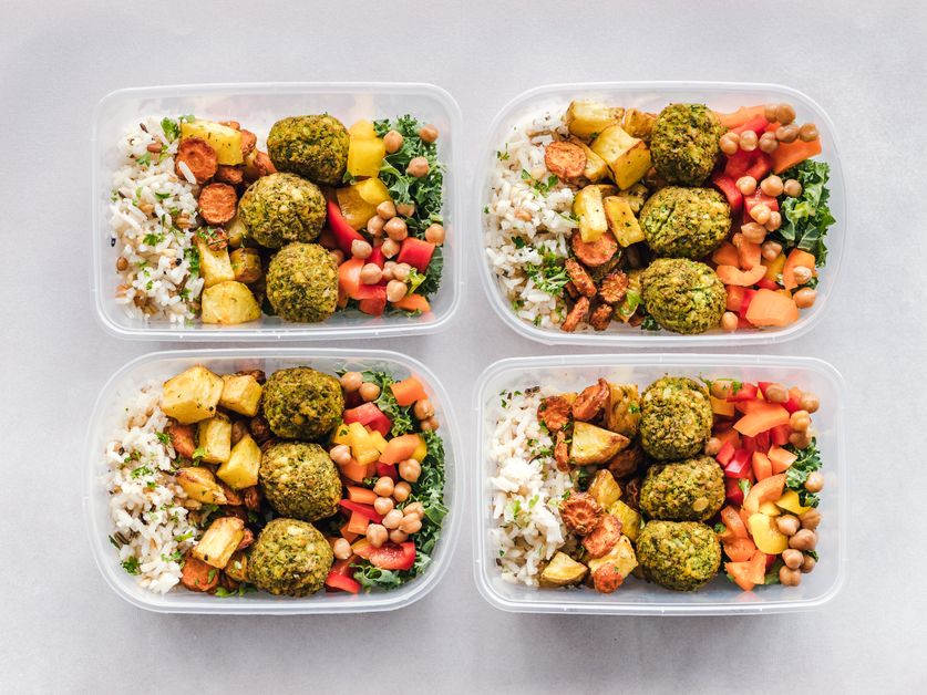 Meal prep containers with balanced, portioned meals