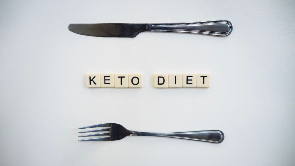 Fork and knife beside scrabble tiles spelling keto on a white surface