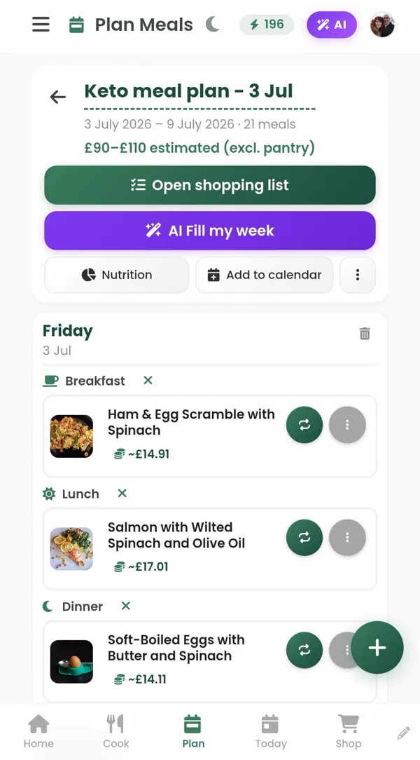 Mealiv keto meal planner showing a personalised keto plan with meals grouped by day and estimated costs.