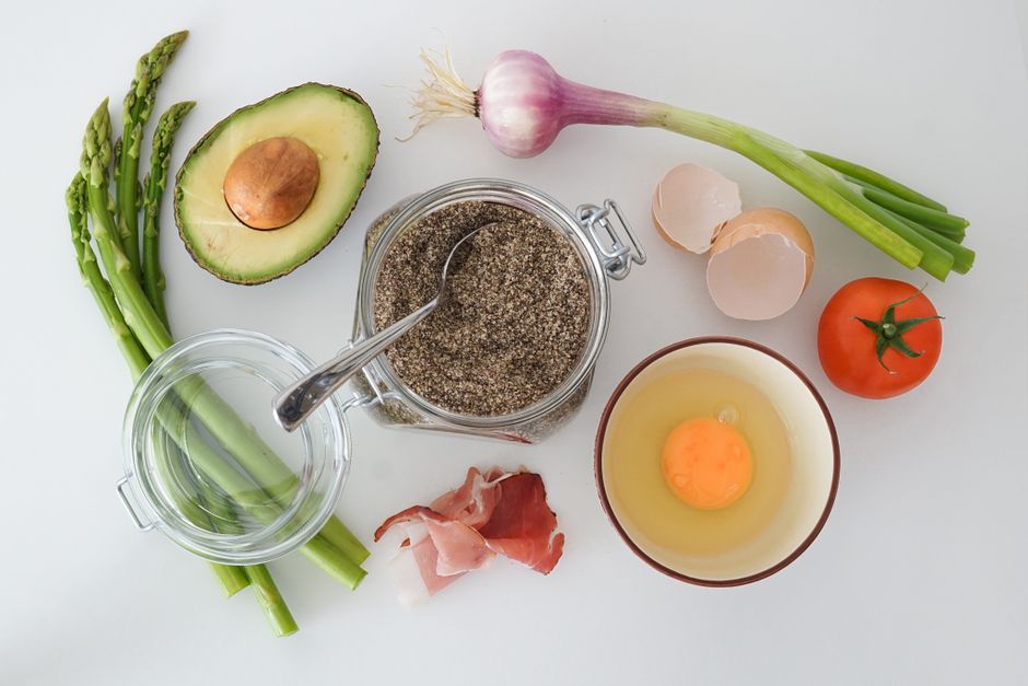 Fresh low-carb ingredients including avocado and spices